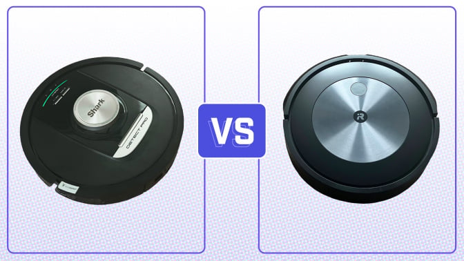 Shark Detect Pro robot vacuum and Roomba Combo j5+ robot vacuum on patterned background with "VS" graphic separating photos
