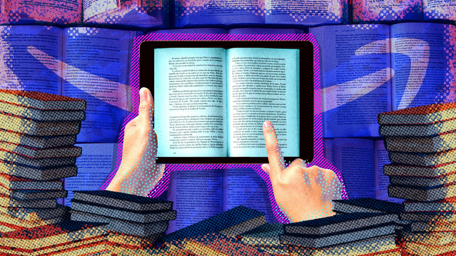 illustrated hands holding a kindle with book pages on it, surrounded by a stack of books
