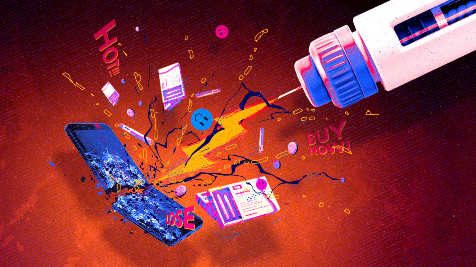 A needle shatters a phone in an illustration. 