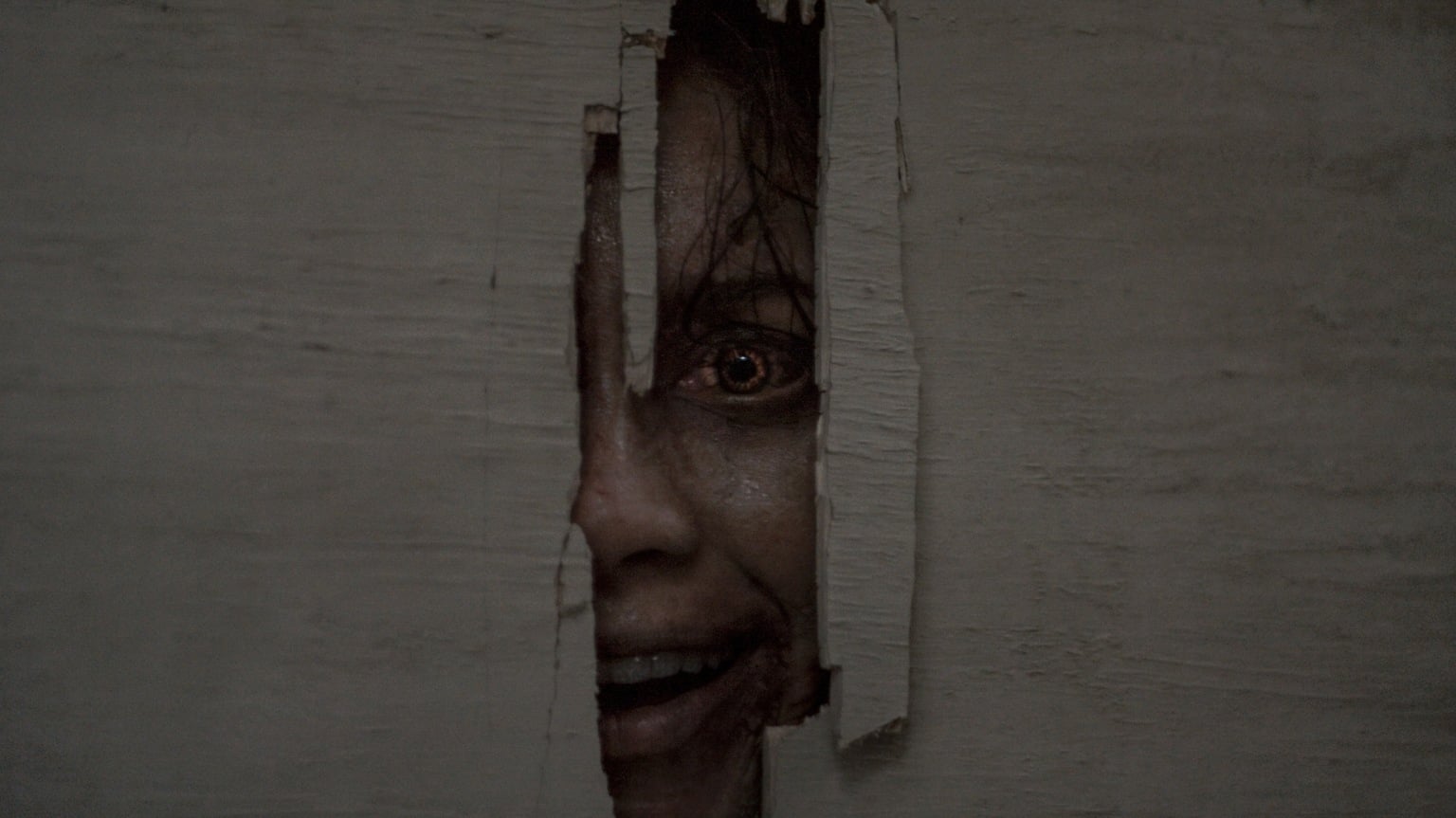 A Deadite looks through a broken door, mimicking "The Shining," in "Evil Dead Burn."