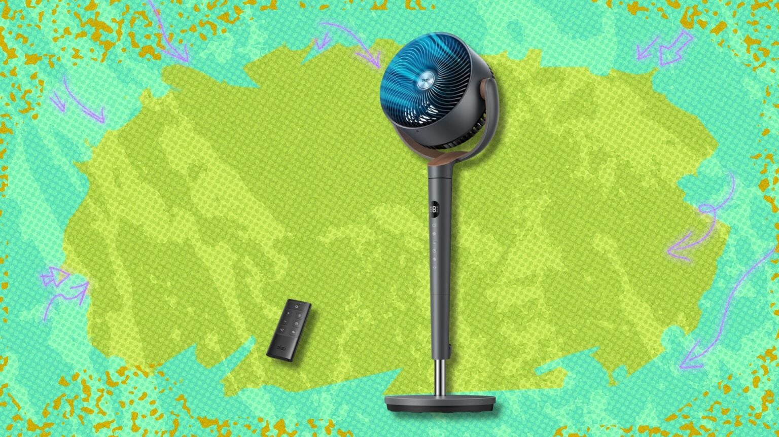 dreo turbopoly fan 512 against a green patterned background