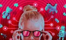 Girl wearing sunglasses with toys and circuits illustrated behind her head.