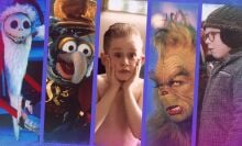A composite of movie stills from "Nightmare Before Christmas," "A Muppet's Christmas Carol," "Home Alone," "The Grinch Who Stole Christmas," and "A Christmas Story."