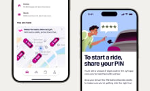 Two phone screens, one shows the Lyft app's map, the other displays the PIN verification screen. 