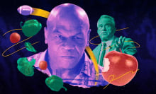 A collage of colorful images, including photos of Mike Tyson and RFK Jr., an apple, broccolli, and a football.