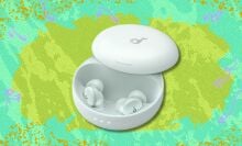 the soundcore sleep A30 earbuds in a light green colorway on a green background with purple arrows