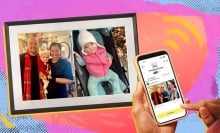 photo frame in front of an orange background