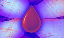 An illustrated drop of blood against lab results text.