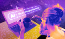 A woman drinks a cup of coffee while asking an AI chatbot why she gets headaches at night. 