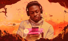 A man with headphones, on his smartphone, with 'slide to power off' appearing above him and between non-phone activities