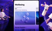 A woman meditating, a screen of "wellbeing" tunes, a handmade lamb head puppet