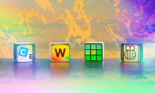 Illustrations of logos for word games including Crossplay, Wordle, and Spelling Bee.