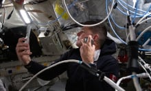 Artemis II mission specialist astronaut Jeremy Hansen enjoys a shave inside the Orion spacecraft during Flight Day 5 and ahead of the crew's lunar flyby on April 6, 2026.
