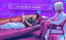 An illustration showing a person on a therapy couch. The therapist has a robotic head and a large chatbox window next to them says "you can tell me anything."
