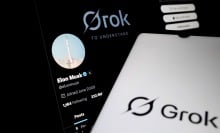 he Grok logo appears on a smartphone screen in front of Elon Musk X profile