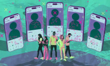 Illustration of several smartphones showing dating app profiles that are incomplete. 