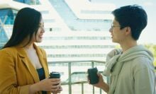 Two people talking