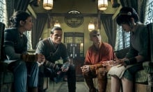 Kiawentiio Tarbell as Katara, Ian Ousley as Sokka, Gordan Cormier as Aang, Miya Cech as Toph in season 2 of "Avatar: The Last Airbender."