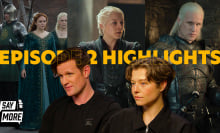 A collaged image shows Olivia Cooke, Matt Smith and Emma D'arcy as their characters in House of the Dragon in the background. In the foreground, there are screengrabs of Matt Smith and Emma D'Arcy their Mashable interview. Caption reads: Episode 2 highlights