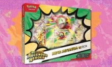 The Pokemon TCG: Mega Evolution - Ascended Heroes Mega Meganium ex Box on a red and orange background