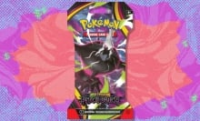 The Pokemon TCG: Mega Evolution - Pitch Black Sleeved Booster Pack on a red and purple background