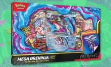 The Pokémon TCG: Mega Greninja ex Premium Collection on a green and purple background