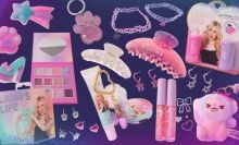 An array of tween beauty products on a purple background