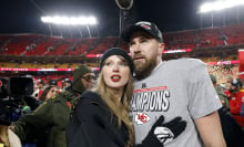 Taylor Swift celebrates with Travis Kelce #87 of the Kansas City Chiefs after defeating the Buffalo Bills 32-29 in the AFC Championship Game at GEHA Field at Arrowhead Stadium on January 26, 2025 in Kansas City, Missouri.