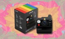 polaroid now+ 3rd generation i-type instant film camera against a yellow, pink and green patterned background