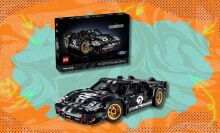 lego technic 1966 ford gt40 mkii race car set against an orange and blue patterned background