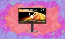 the LG ultragear montior on a purple, blue, and coral background