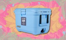 coleman pro 45qt hard cooler against a yellow, pink, and green patterned background