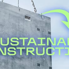 A slab of concrete hoisted in the air beside a green arrow and text reading "sustainable construction."
