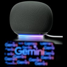  the Gemini logo is displayed on a mobile phone screen in front of a Google smart speaker