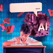 A boy sits at a desk writing on paper. Letters float behind his head. 
