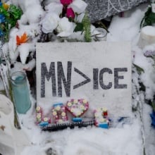 A sign reading "MN > ICE", surrounded by snow-covered flowers.