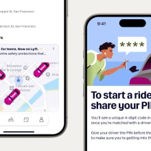 Two phone screens, one shows the Lyft app's map, the other displays the PIN verification screen. 