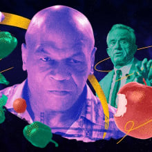 A collage of colorful images, including photos of Mike Tyson and RFK Jr., an apple, broccolli, and a football.