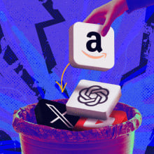 Composite image of an Amazon, OpenAI, and X logo being put in the trash.