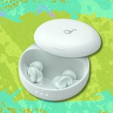 the soundcore sleep A30 earbuds in a light green colorway on a green background with purple arrows