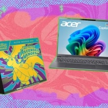 Pokémon cards and Acer laptop on gradient background