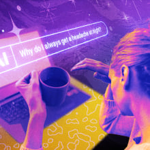 A woman drinks a cup of coffee while asking an AI chatbot why she gets headaches at night. 