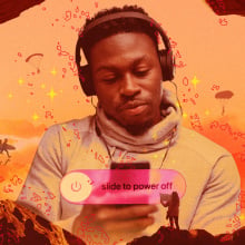 A man with headphones, on his smartphone, with 'slide to power off' appearing above him and between non-phone activities