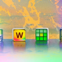 Illustrations of logos for word games including Crossplay, Wordle, and Spelling Bee.