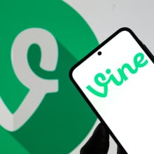 The Vine logo is displayed on a mobile phone with the Vine icon