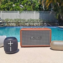 best waterproof speakers arranged next to a pool
