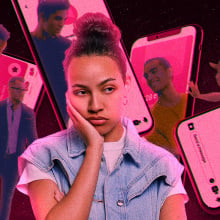 disgruntled woman with dating apps on phone in the background