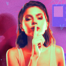 a pixelated woman with her finger to her lips
