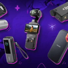 five tech products on pink and purple background with stars