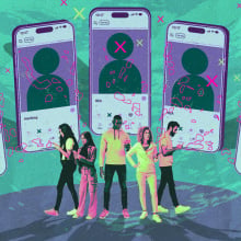 Illustration of several smartphones showing dating app profiles that are incomplete. 